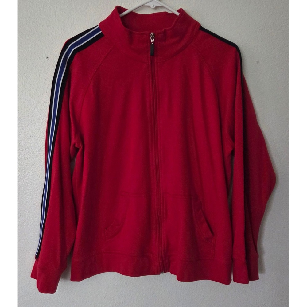 Vintage Lee Sport Red Full Zip Track Jacket Striped Sleeve Mock Neck Mens Large